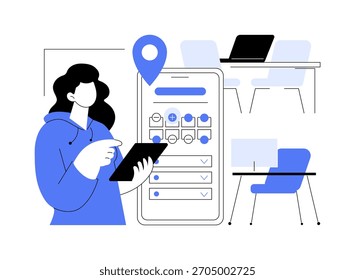 Smart Desk Reservation Systems abstract concept vector illustration. Hybrid offices use smart tools to manage desk bookings and optimize space. abstract metaphor.