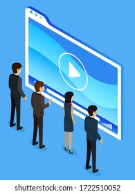 Escritorio inteligente con botón de vídeo en pantalla. Gente mirando el monitor. Trabajadores con ropa formal ocupados en el trabajo. Colegas analizando datos. Interacción de tecnologías digitales, vector en estilo plano