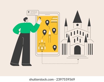 Smart destinations project abstract concept vector illustration. City tags, digital travel, tourist experience, smartphone interactions, smart spot, multimedia content, IoT abstract metaphor.