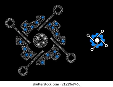 Smart development icon and shiny mesh smart development model with glossy spots. Illuminated model generated using smart development vector icon and polygonal mesh. Bright frame smart development,