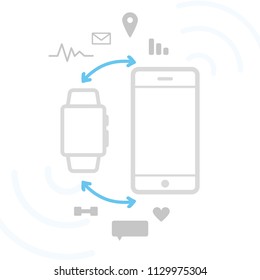 Smart device connectivity. Smartwatch, smartphone and technology icons. Vector illustration, flat design