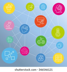 smart device and electronics network diagram on blue background, for smart home and internet of things concept