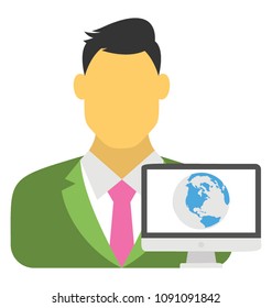 
Smart device and a globe on it, person avatar. Online businessman symbol

