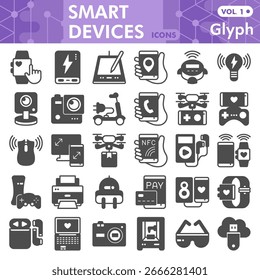 Conjunto de iconos de glifo de dispositivo inteligente, colección de símbolos electrónicos portátiles o bocetos. Gadgets digitales, smartphone, signos de estilo de glifo de televisión para Web y App. Gráficos de Vector aislados sobre fondo blanco