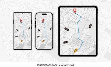 Navegação por GPS com dispositivo inteligente: mapeamento de rotas de carros, rastreamento de distância e ilustrações de vetor para facilitar a viagem. Vetor.