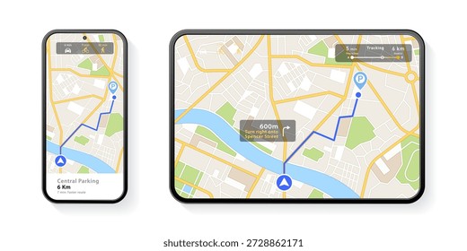 Smart Device GPS Navigation: Car Route Mapping, Distance Tracking, and Vector Illustrations for Easy Travel. Vector