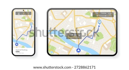Smart Device GPS Navigation: Car Route Mapping, Distance Tracking, and Vector Illustrations for Easy Travel. Vector