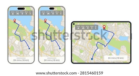 Smart Device GPS Navigation Vector with Smartphone, Foldable Phone, Tablet Route Map, Car Navigation, Distance Tracking and Travel Directions