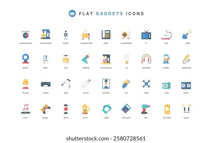 Smart device and home electronic equipment, IoT, electrical appliances of kitchen color icon set. Domestic gadgets for household,TV and radio, laptop and phone flat elements vector illustration