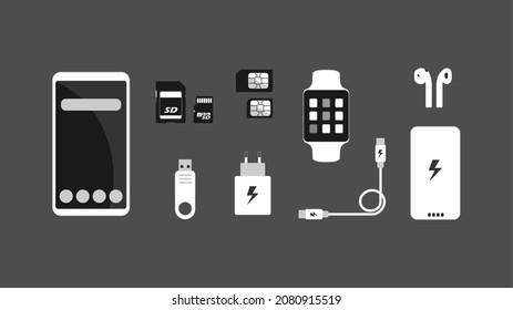 Ilustración inteligente del dispositivo. Escritorio de gadgets. Ecosistema de estaciones de trabajo. Smartphone smartwatch banco de potencia de carga rápida cable ladrillo auriculares inalámbricos flash unidad USB pluma tarjeta micro SD nano SIM Vector plano.