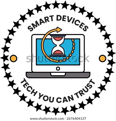 A smart device logo with a clock on it. The clock is set to the time of 11:00. The logo is surrounded by stars