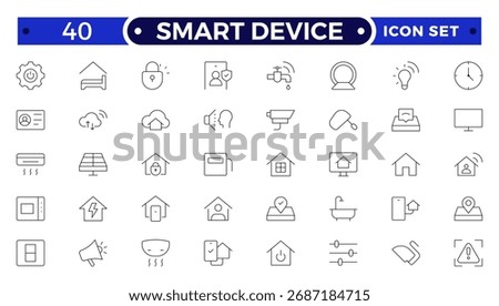 Smart device outline icon set with automation, connectivity, cloud, robotics, and wireless devices. Perfect for digital design, cybersecurity, smart home, industrial innovation, and modern networks.
