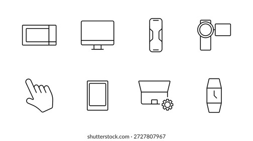 Smart device set icon. Microwave, monitor, mobile, camera, gesture, ebook, projector, wristband, modern technology, smart home, wearable gadget, control.