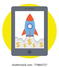 
A smart device with space rocket symbolising online business launch, flat icon
