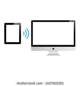 Smart device tablet connected via wifi wireless connection to pc. Stock Vector illustration isolated on white background.