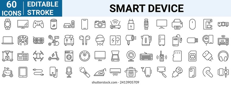Iconos de línea web de Smart Device. Gadgets. Iconos de línea de vectores relacionados con dispositivos personales. Tablet, laptop, teléfono, consola, Smart Watch y más. Stroke editable.