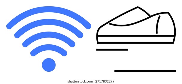 Dispositivos inteligentes, conectividade, aplicativos IoT, tecnologia vestível, inovação, fitness tracking. ícone de sinal sem fio ao lado de um esboço de sapato moderno. Dispositivos inteligentes e conceito de conectividade