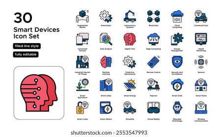 Smart Devices Filled Line Icon Set: Gadgets, Home Automation, and Connected Technology Icons