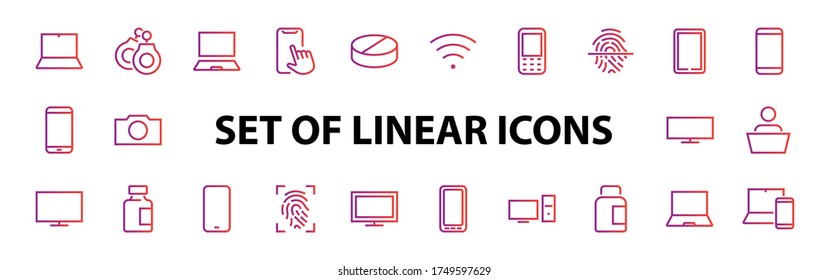 SMART devices and gadgets linear icons set, vector, contains icons computer, camera, laptop, phone, web devices, electronic appliances, and much more. Editable stroke