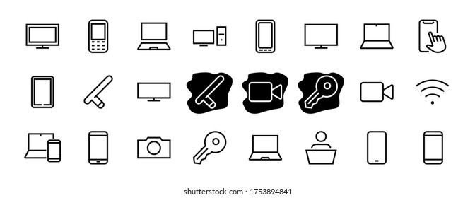 SMART devices and gadgets linear icons set, vector, contains icons computer, camera, laptop, phone, web devices, electronic appliances, and much more. Editable stroke