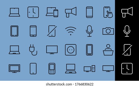 SMART devices and gadgets linear icons set, vector, contains icons computer, camera, laptop, phone, web devices, electronic appliances, and much more. Editable stroke