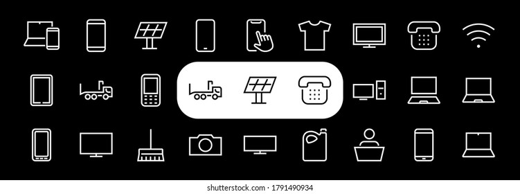 SMART-Geräte und Gadgets Linearsymbole Set, Vektorgrafik, enthält Symbole Computer, Kamera, Laptop, Telefon, Web-Geräte, elektronische Geräte und vieles mehr. Bearbeitbarer Hub