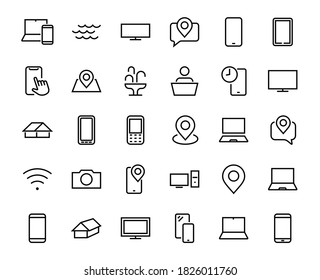 SMART devices and gadgets linear icons set, vector, contains icons computer, camera, laptop, phone, web devices, electronic appliances, and much more. Editable stroke