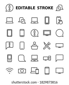 SMART devices and gadgets linear icons set, vector, contains icons computer, camera, laptop, phone, web devices, electronic appliances, and much more. Editable stroke