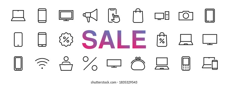 SMART devices and gadgets linear icons set, vector, contains icons computer, camera, laptop, phone, web devices, electronic appliances, and much more. Editable stroke black friday