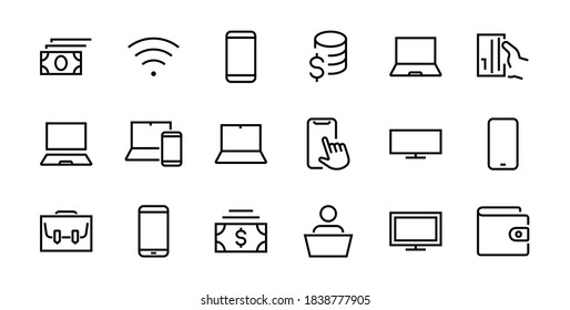 SMART devices and gadgets linear icons set, vector, contains icons computer, camera, laptop, phone, web devices, electronic appliances, and much more. Editable stroke