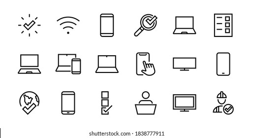 SMART devices and gadgets linear icons set, vector, contains icons computer, camera, laptop, phone, web devices, electronic appliances, and much more. Editable stroke