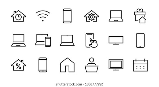 SMART devices and gadgets linear icons set, vector, contains icons computer, camera, laptop, phone, web devices, electronic appliances, and much more. Editable stroke