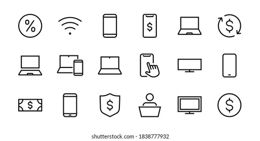 SMART devices and gadgets linear icons set, vector, contains icons computer, camera, laptop, phone, web devices, electronic appliances, and much more. Editable stroke