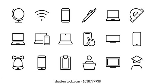 SMART devices and gadgets linear icons set, vector, contains icons computer, camera, laptop, phone, web devices, electronic appliances, and much more. Editable stroke