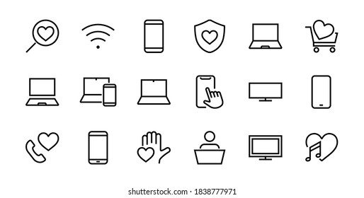 SMART devices and gadgets linear icons set, vector, contains icons computer, camera, laptop, phone, web devices, electronic appliances, and much more. Editable stroke