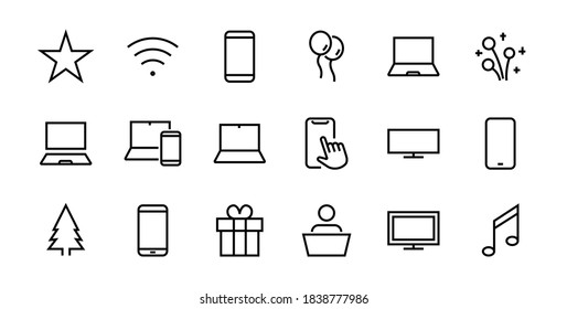 SMART devices and gadgets linear icons set, vector, contains icons computer, camera, laptop, phone, web devices, electronic appliances, and much more. Editable stroke