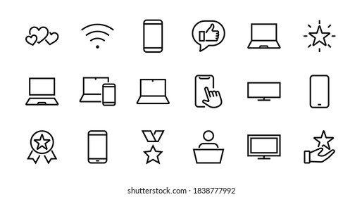 SMART devices and gadgets linear icons set, vector, contains icons computer, camera, laptop, phone, web devices, electronic appliances, and much more. Editable stroke