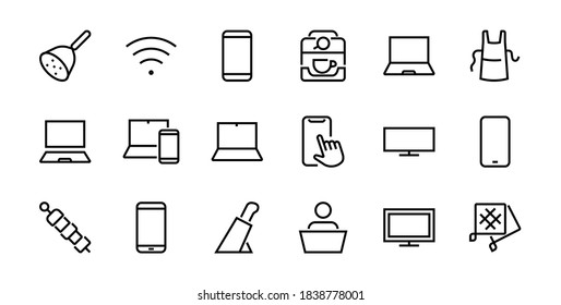 SMART devices and gadgets linear icons set, vector, contains icons computer, camera, laptop, phone, web devices, electronic appliances, and much more. Editable stroke