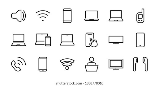 SMART devices and gadgets linear icons set, vector, contains icons computer, camera, laptop, phone, web devices, electronic appliances, and much more. Editable stroke