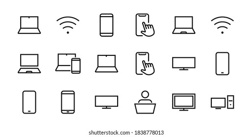 Dispositivos SMART y gadgets juegos de iconos lineales, vector, contiene iconos de computadora, cámara, laptop, teléfono, dispositivos web, dispositivos electrónicos y mucho más. Trazo editable