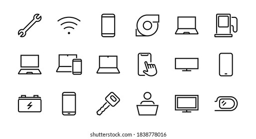 SMART devices and gadgets linear icons set, vector, contains icons computer, camera, laptop, phone, web devices, electronic appliances, and much more. Editable stroke