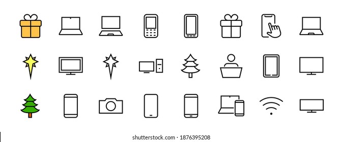 SMART devices and gadgets linear icons set, vector, contains icons computer, camera, laptop, phone, web devices, electronic appliances, and much more. Editable stroke