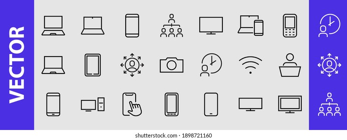 SMART devices and gadgets linear icons set, vector, contains icons computer, camera, laptop, phone, web devices, electronic appliances, and much more. Editable stroke