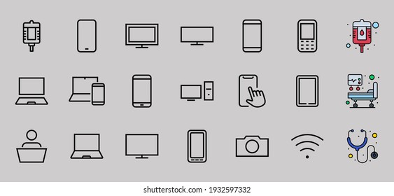 SMART devices and gadgets linear icons set, vector, contains icons computer, camera, laptop, phone, web devices, electronic appliances, and much more. Editable stroke