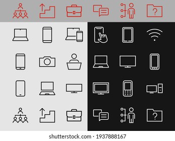 SMART devices and gadgets linear icons set, vector, contains icons computer, camera, laptop, phone, web devices, electronic appliances, and much more. Editable stroke