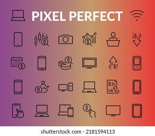 Dispositivos SMART y gadgets juegos de iconos lineales, vector, contiene iconos de computadora, cámara, laptop, teléfono, dispositivos web, dispositivos electrónicos y mucho más. Trazo editable