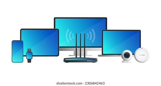 Smart devices, Gadgets and Technology, Modern laptop, Computer, Notebook, Smartphone, Tablet, Voice assistance, Security camera, Smart watch, Wi-Fi router, Mock-up front view for website presentation.