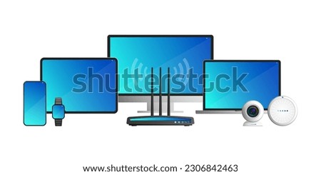 Smart devices, Gadgets and Technology, Modern laptop, Computer, Notebook, Smartphone, Tablet, Voice assistance, Security camera, Smart watch, Wi-Fi router, Mock-up front view for website presentation.