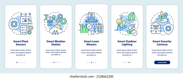Smart devices for gardens onboarding mobile app screen. Plant sensors walkthrough 5 steps graphic instructions pages with linear concepts. UI, UX, GUI template. Myriad Pro-Bold, Regular fonts used