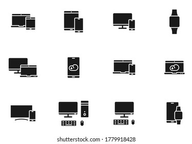 dispositivos inteligentes glifos vectores iconos aislados en blanco. conjunto de iconos de dispositivos inteligentes para diseño web, aplicación móvil, interfaz de usuario e impresión
